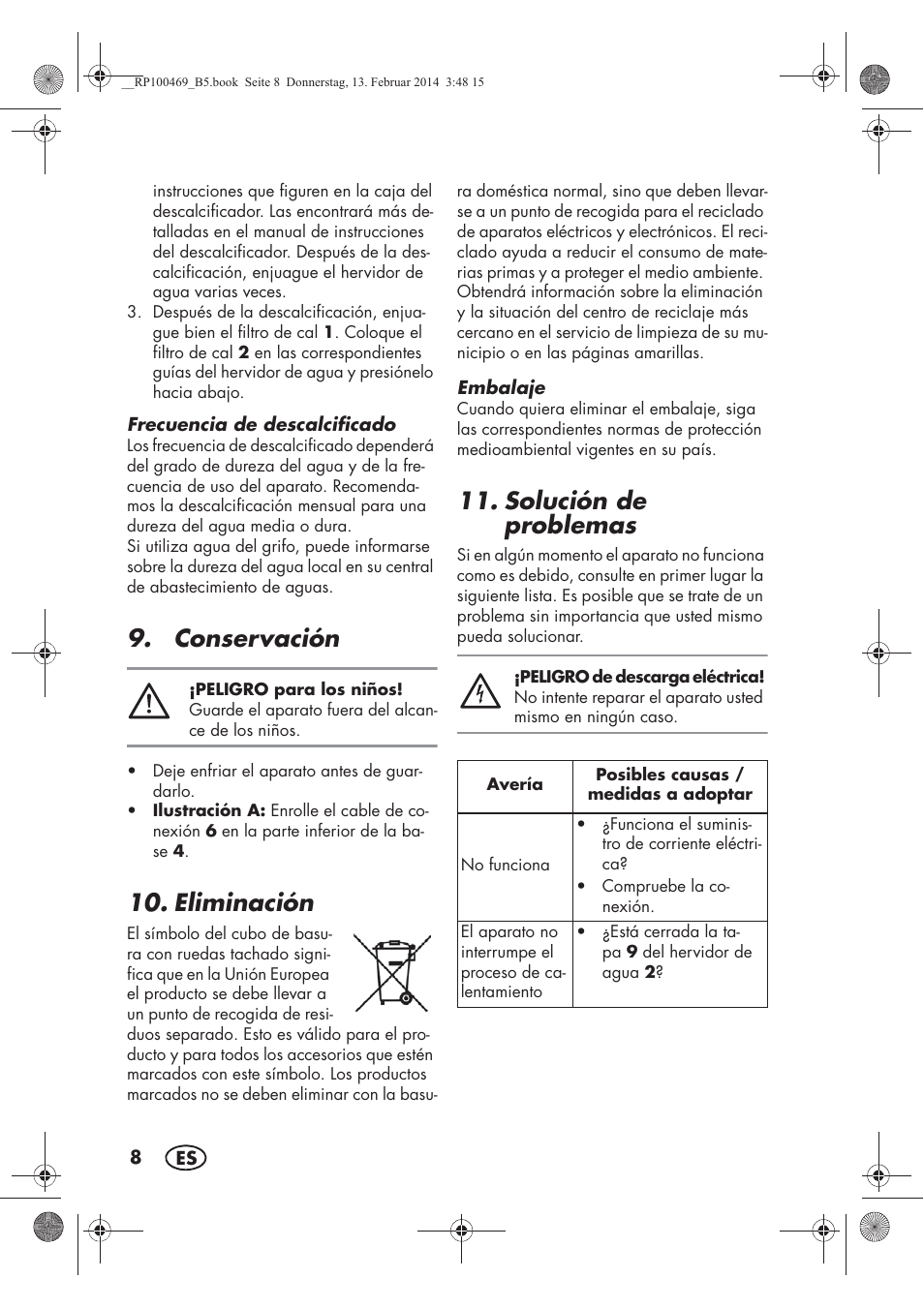 Conservación, Eliminación, Solución de problemas | Silvercrest SWKS 2200 A1 User Manual | Page 10 / 54