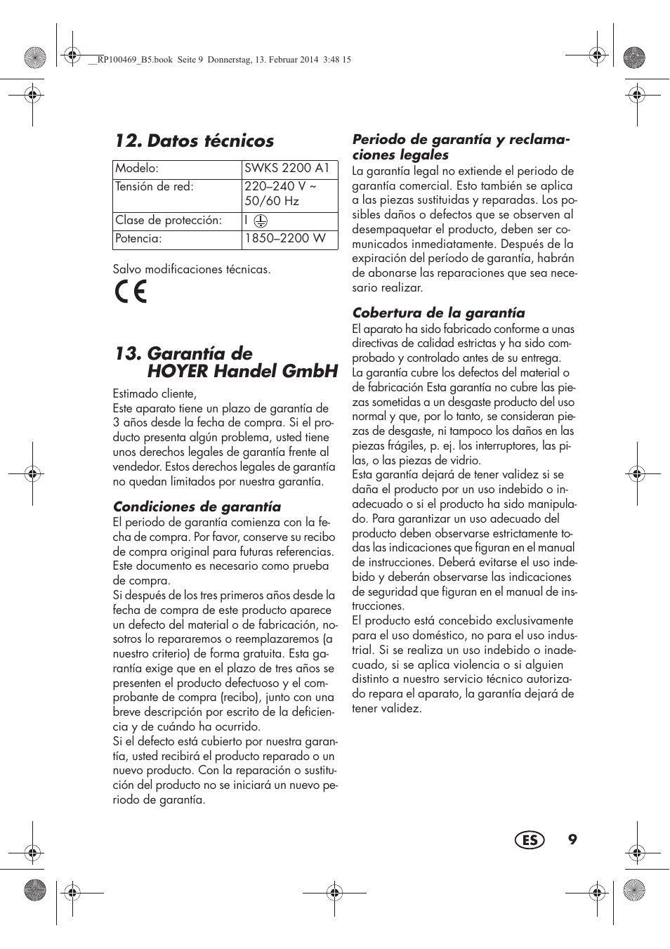 Datos técnicos, Garantía de hoyer handel gmbh | Silvercrest SWKS 2200 A1 User Manual | Page 11 / 54