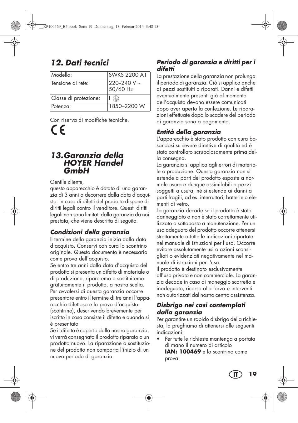 Dati tecnici, Garanzia della hoyer handel gmbh | Silvercrest SWKS 2200 A1 User Manual | Page 21 / 54