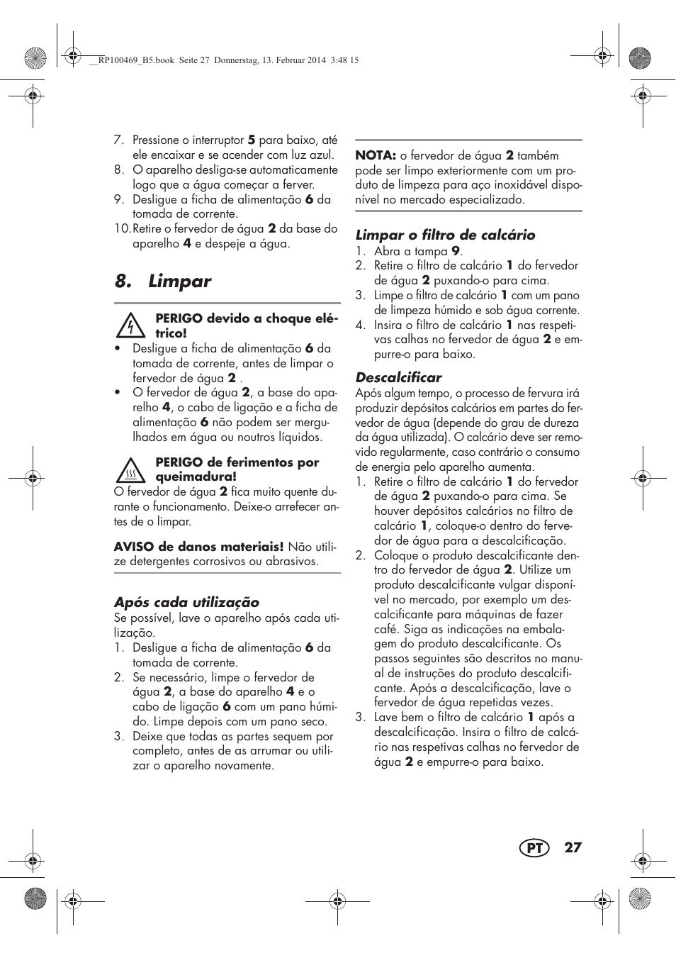 Limpar | Silvercrest SWKS 2200 A1 User Manual | Page 29 / 54