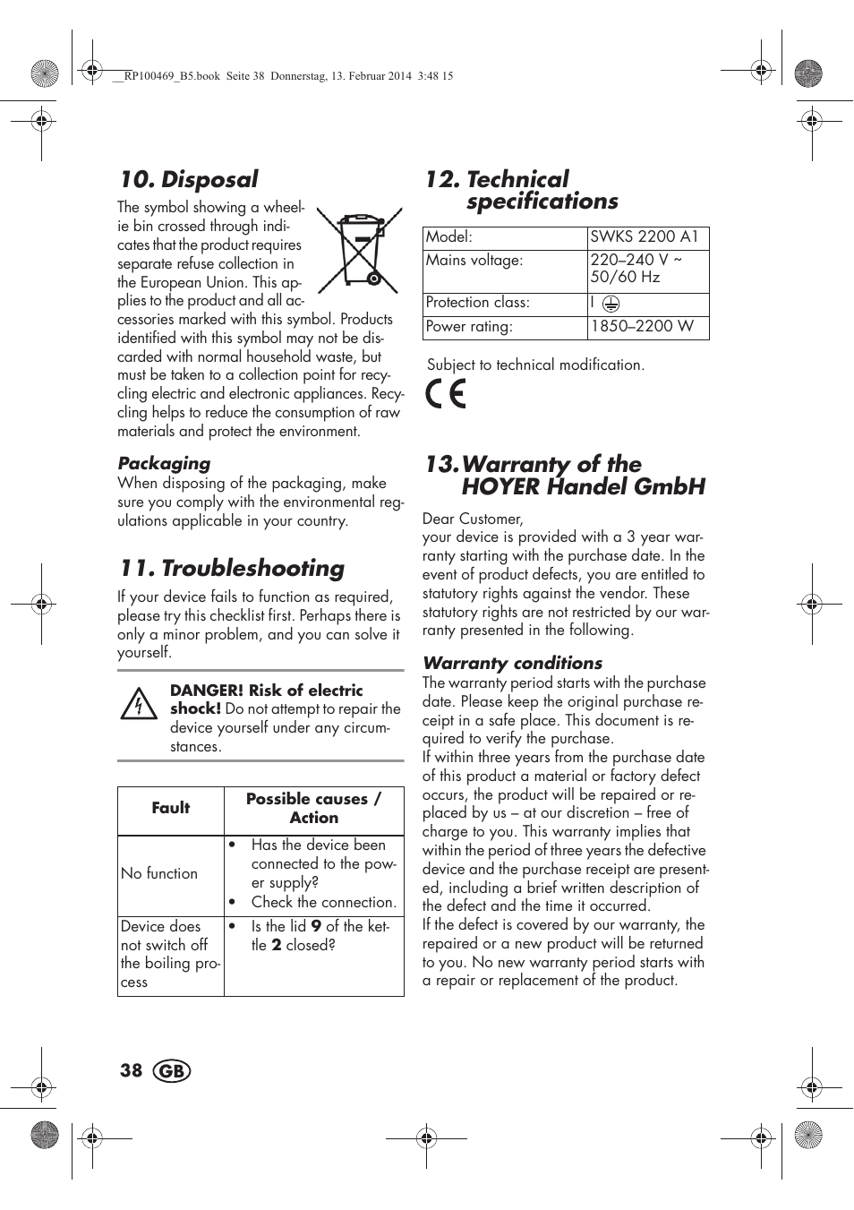 Disposal, Troubleshooting, Technical specifications | Warranty of the hoyer handelgmbh | Silvercrest SWKS 2200 A1 User Manual | Page 40 / 54