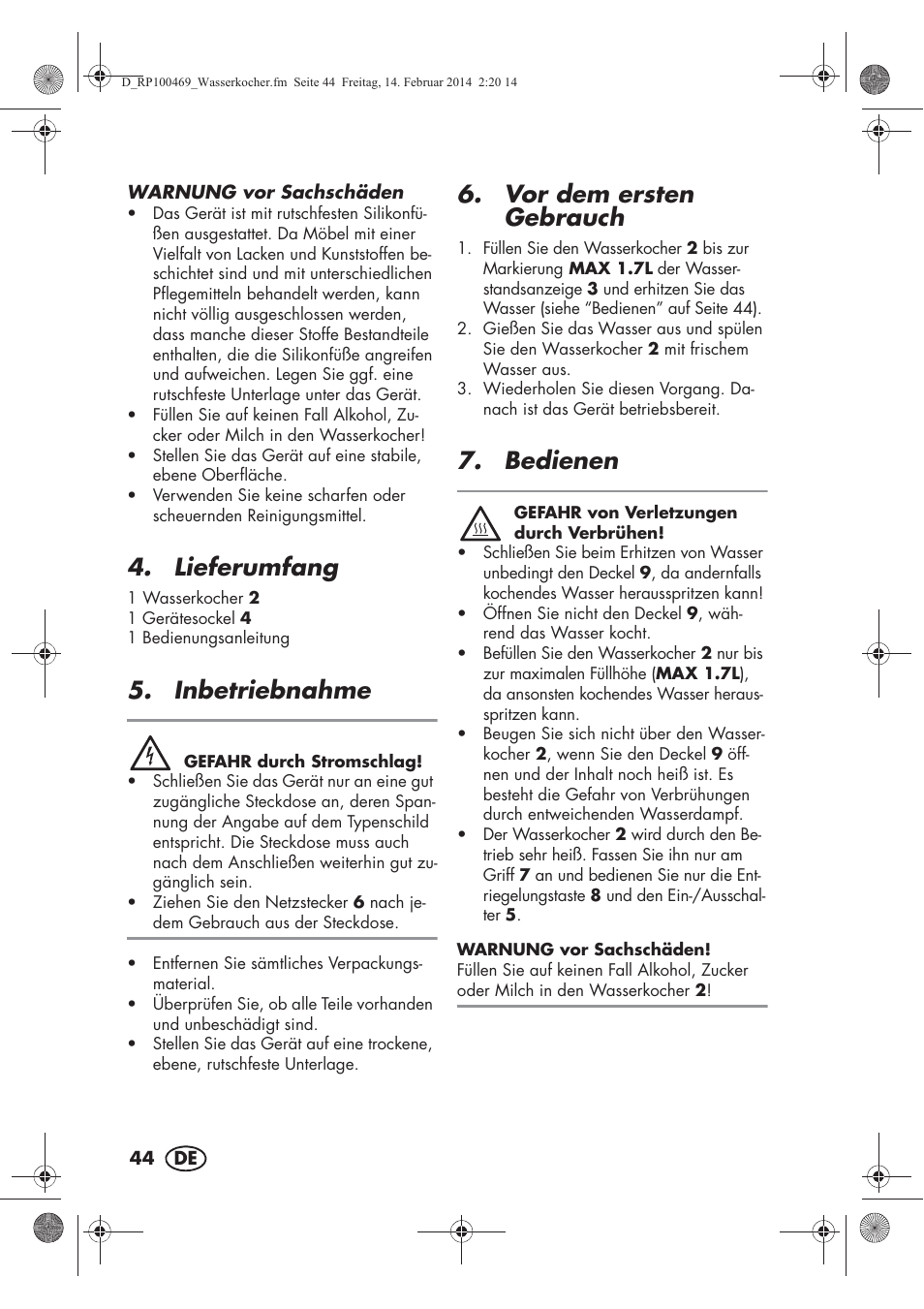 Lieferumfang, Inbetriebnahme, Vor dem ersten gebrauch | Bedienen | Silvercrest SWKS 2200 A1 User Manual | Page 46 / 54
