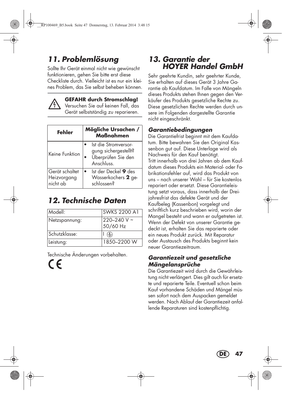 Problemlösung, Technische daten, Garantie der hoyerhandel gmbh | Silvercrest SWKS 2200 A1 User Manual | Page 49 / 54