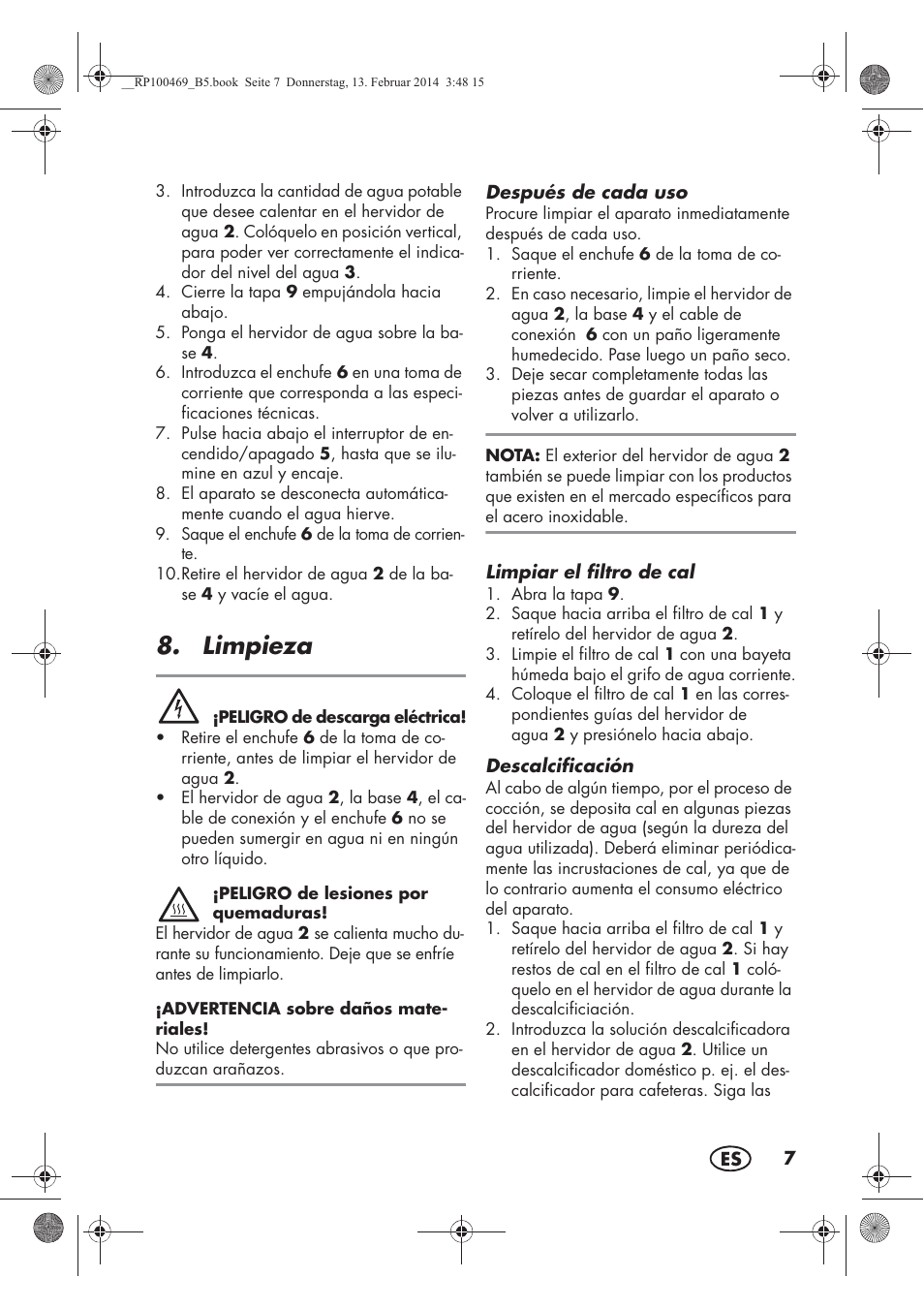 Limpieza | Silvercrest SWKS 2200 A1 User Manual | Page 9 / 54