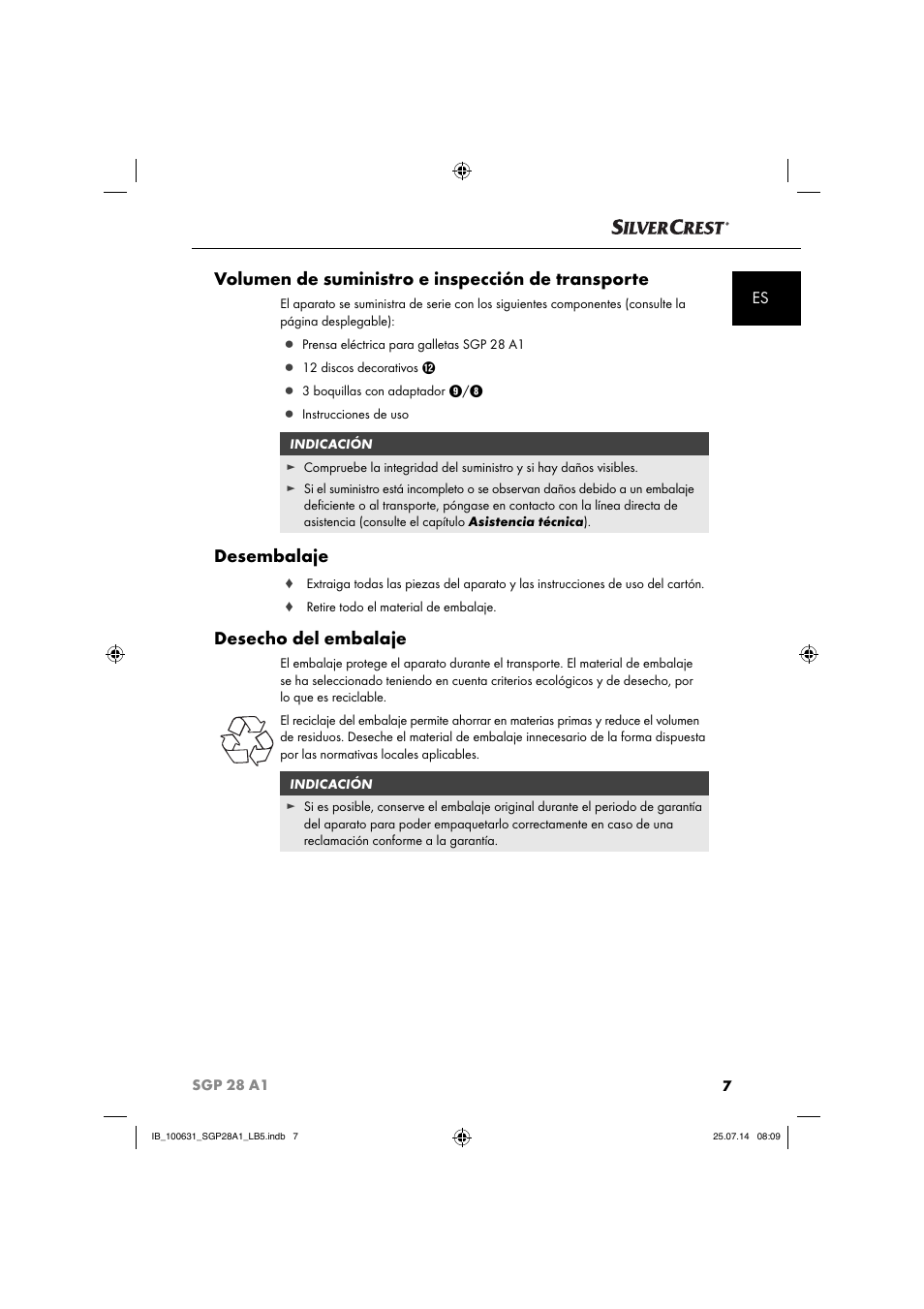 Volumen de suministro e inspección de transporte, Desembalaje, Desecho del embalaje | Silvercrest SGP 28 A1 User Manual | Page 10 / 76