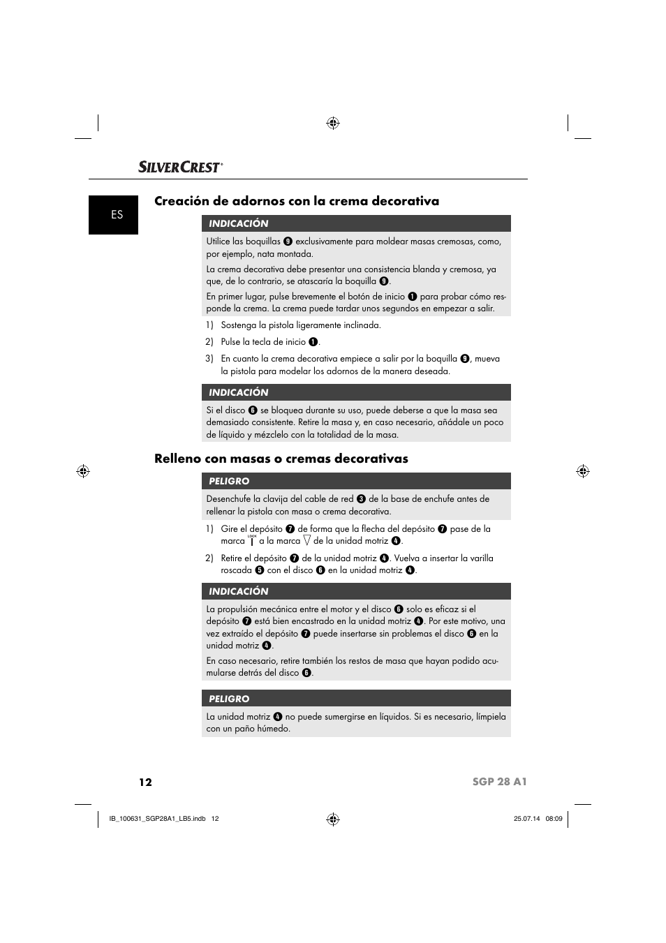 Creación de adornos con la crema decorativa, Relleno con masas o cremas decorativas | Silvercrest SGP 28 A1 User Manual | Page 15 / 76