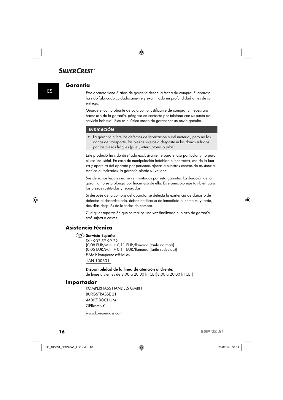 Garantía, Asistencia técnica, Importador | Silvercrest SGP 28 A1 User Manual | Page 19 / 76