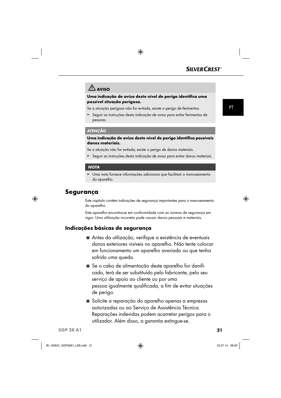 Segurança, Indicações básicas de segurança | Silvercrest SGP 28 A1 User Manual | Page 24 / 76