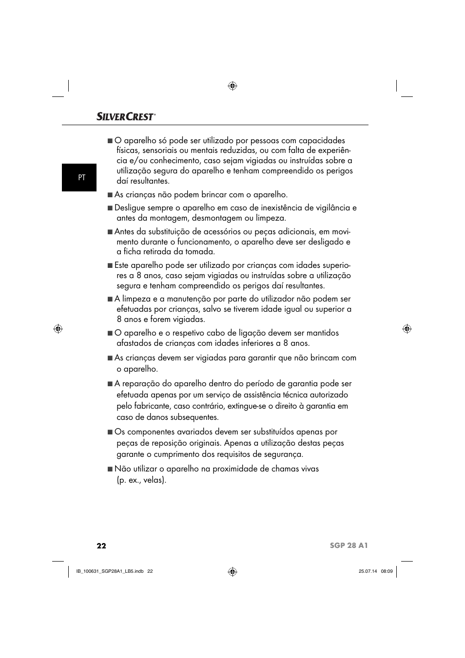 As crianças não podem brincar com o aparelho | Silvercrest SGP 28 A1 User Manual | Page 25 / 76