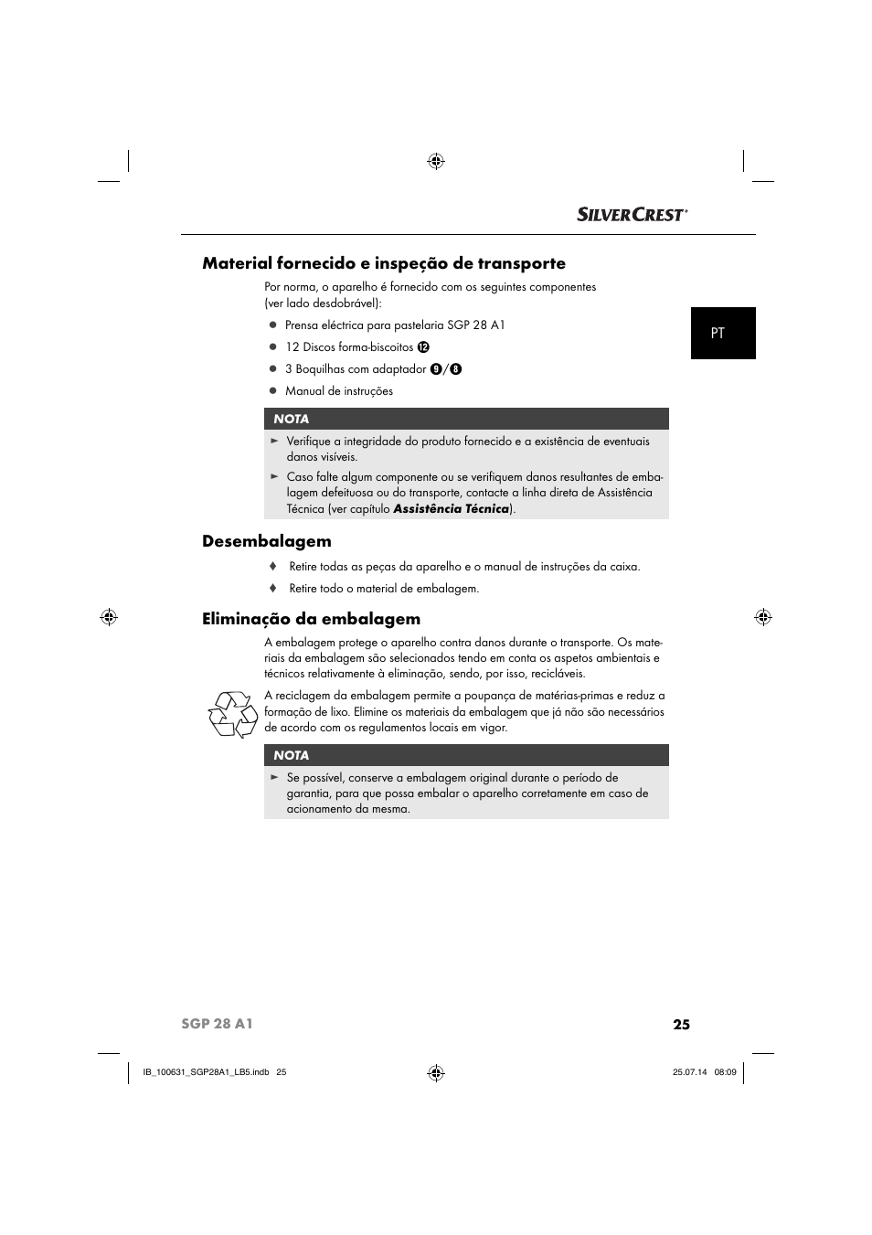 Material fornecido e inspeção de transporte, Desembalagem, Eliminação da embalagem | Silvercrest SGP 28 A1 User Manual | Page 28 / 76