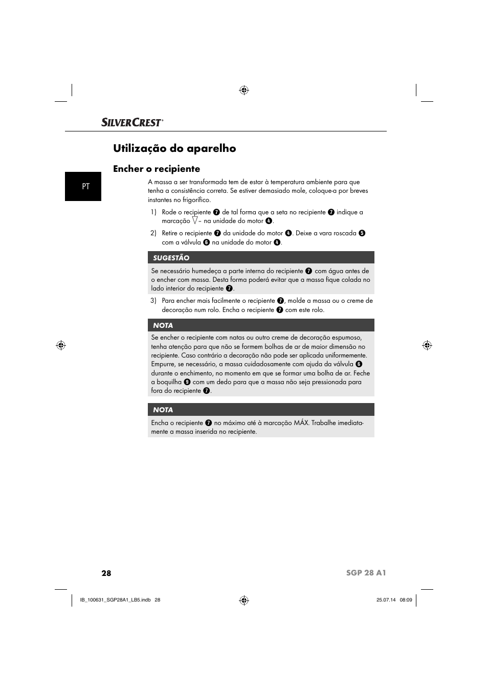 Utilização do aparelho, Encher o recipiente | Silvercrest SGP 28 A1 User Manual | Page 31 / 76