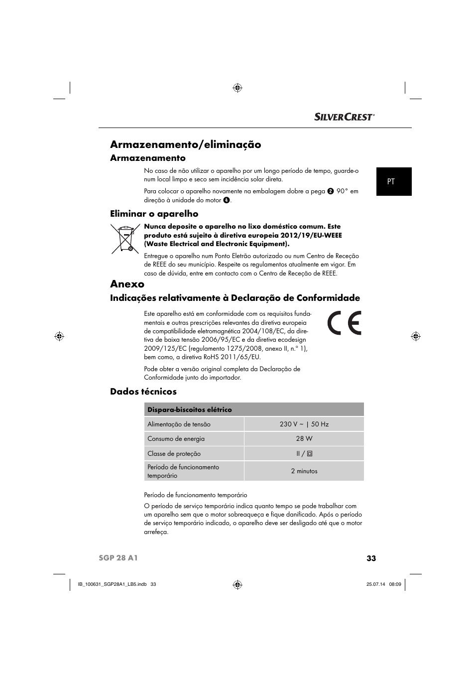 Armazenamento/eliminação, Anexo, Armazenamento | Eliminar o aparelho, Dados técnicos | Silvercrest SGP 28 A1 User Manual | Page 36 / 76