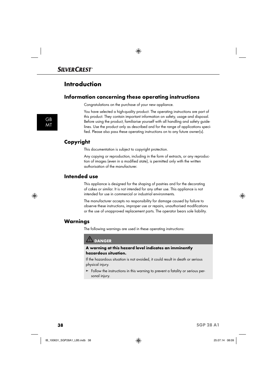 Introduction, Copyright, Intended use | Warnings, Gb mt | Silvercrest SGP 28 A1 User Manual | Page 41 / 76