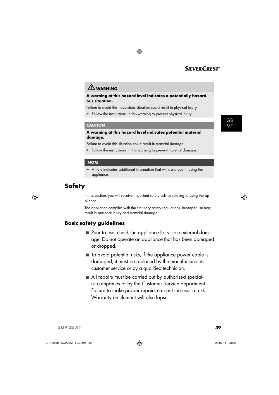 Safety, Basic safety guidelines, Gb mt | Silvercrest SGP 28 A1 User Manual | Page 42 / 76