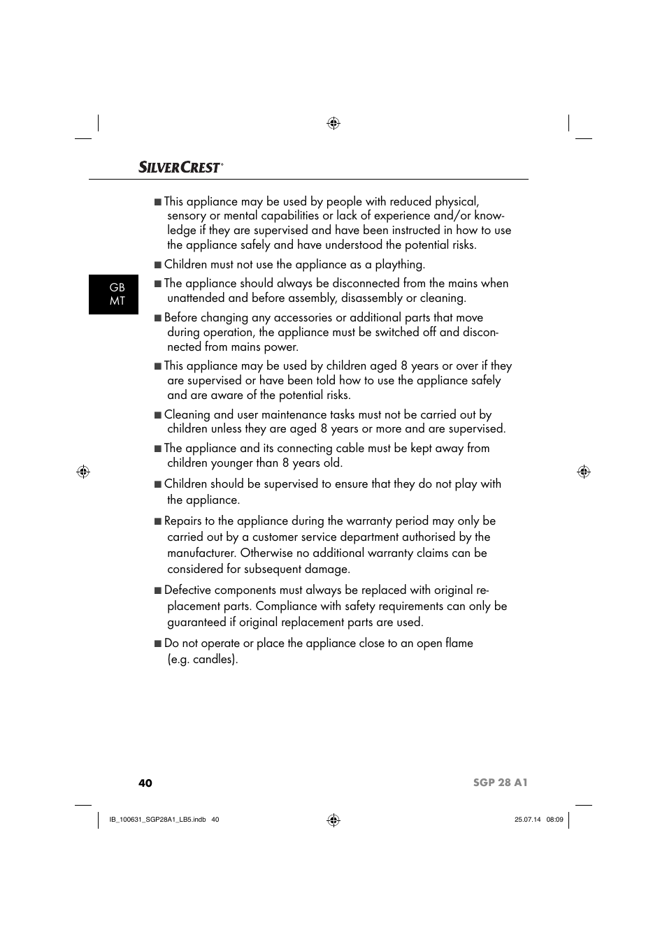 Children must not use the appliance as a plaything | Silvercrest SGP 28 A1 User Manual | Page 43 / 76