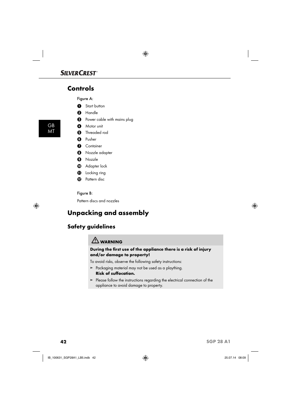 Controls, Unpacking and assembly, Safety guidelines | Gb mt | Silvercrest SGP 28 A1 User Manual | Page 45 / 76