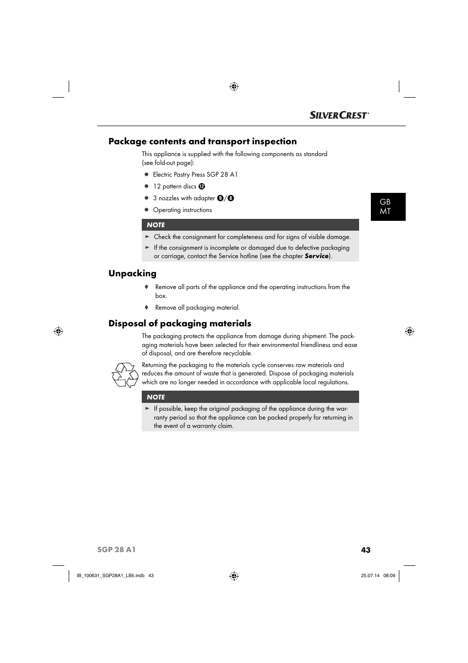 Package contents and transport inspection, Unpacking, Disposal of packaging materials | Gb mt | Silvercrest SGP 28 A1 User Manual | Page 46 / 76