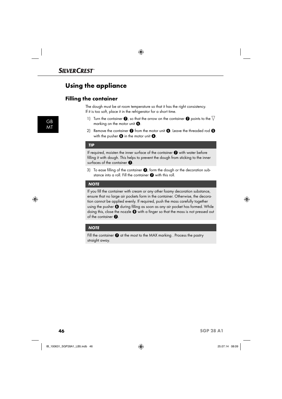 Using the appliance, Filling the container, Gb mt | Silvercrest SGP 28 A1 User Manual | Page 49 / 76