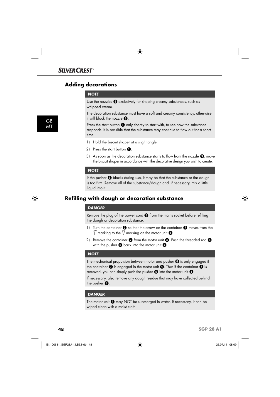 Adding decorations, Reﬁ lling with dough or decoration substance, Gb mt | Silvercrest SGP 28 A1 User Manual | Page 51 / 76