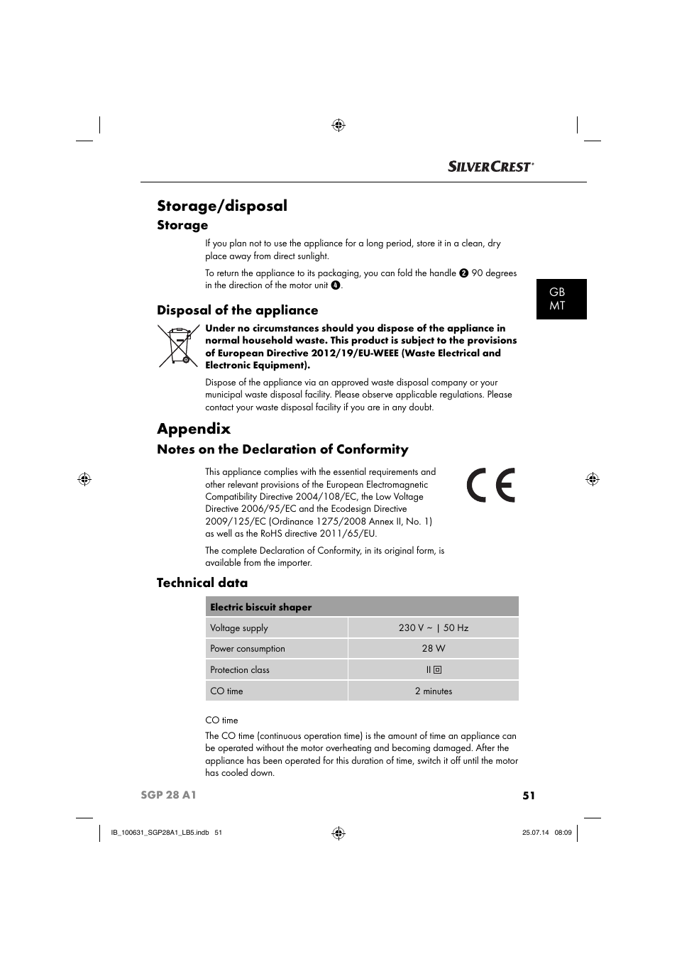 Storage/disposal, Appendix, Storage | Disposal of the appliance, Technical data, Gb mt | Silvercrest SGP 28 A1 User Manual | Page 54 / 76