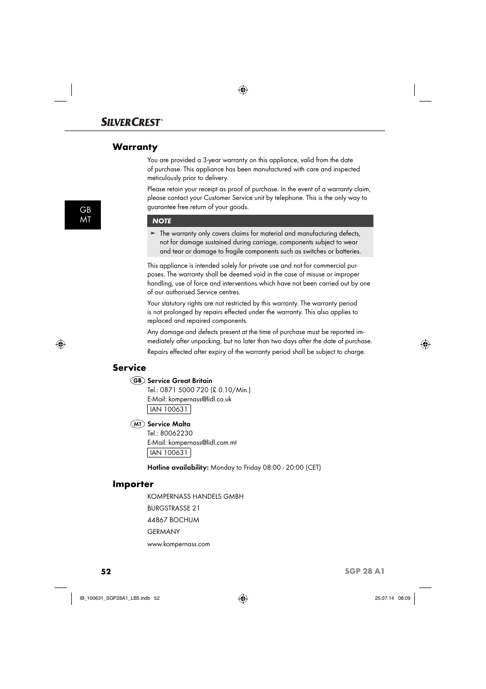 Warranty, Service, Importer | Gb mt | Silvercrest SGP 28 A1 User Manual | Page 55 / 76