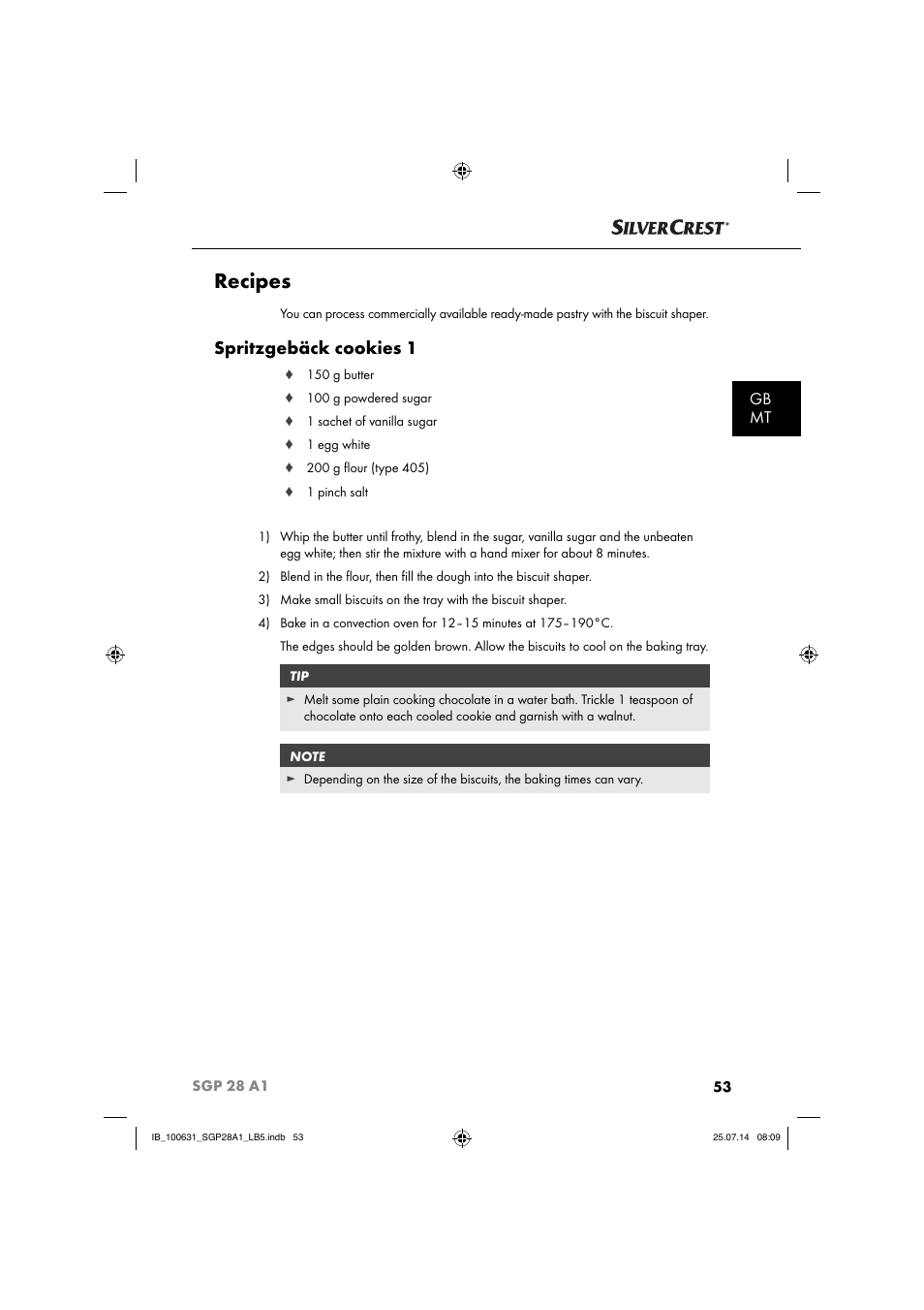 Recipes, Spritzgebäck cookies 1, Gb mt | Silvercrest SGP 28 A1 User Manual | Page 56 / 76