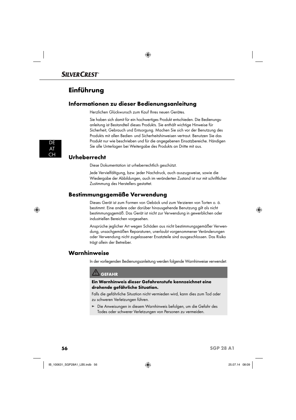 Einführung, Informationen zu dieser bedienungsanleitung, Urheberrecht | Bestimmungsgemäße verwendung, Warnhinweise, De at ch | Silvercrest SGP 28 A1 User Manual | Page 59 / 76