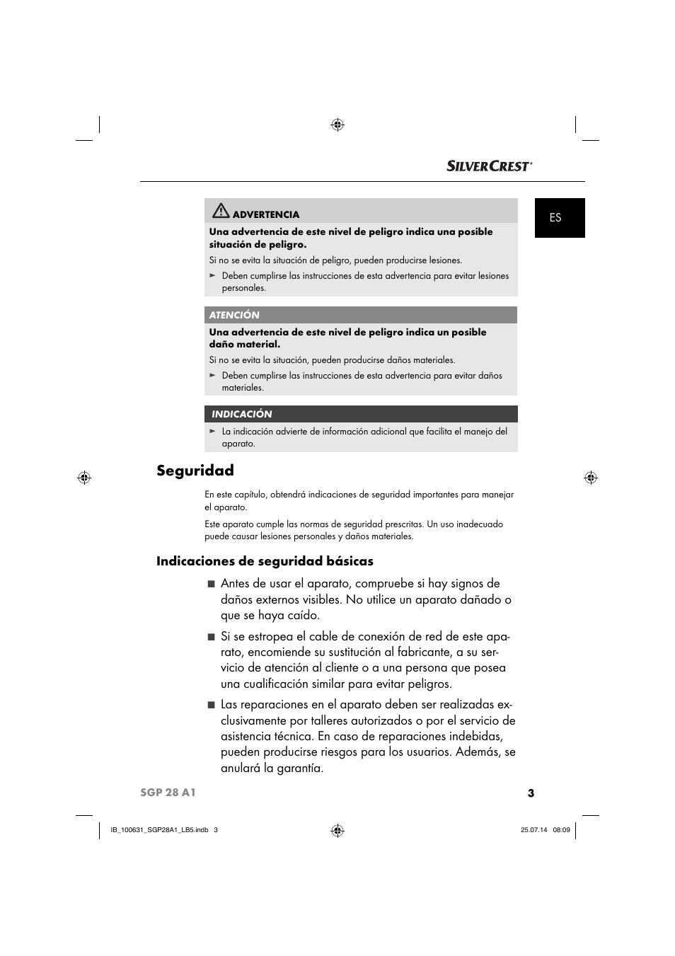 Seguridad, Indicaciones de seguridad básicas | Silvercrest SGP 28 A1 User Manual | Page 6 / 76