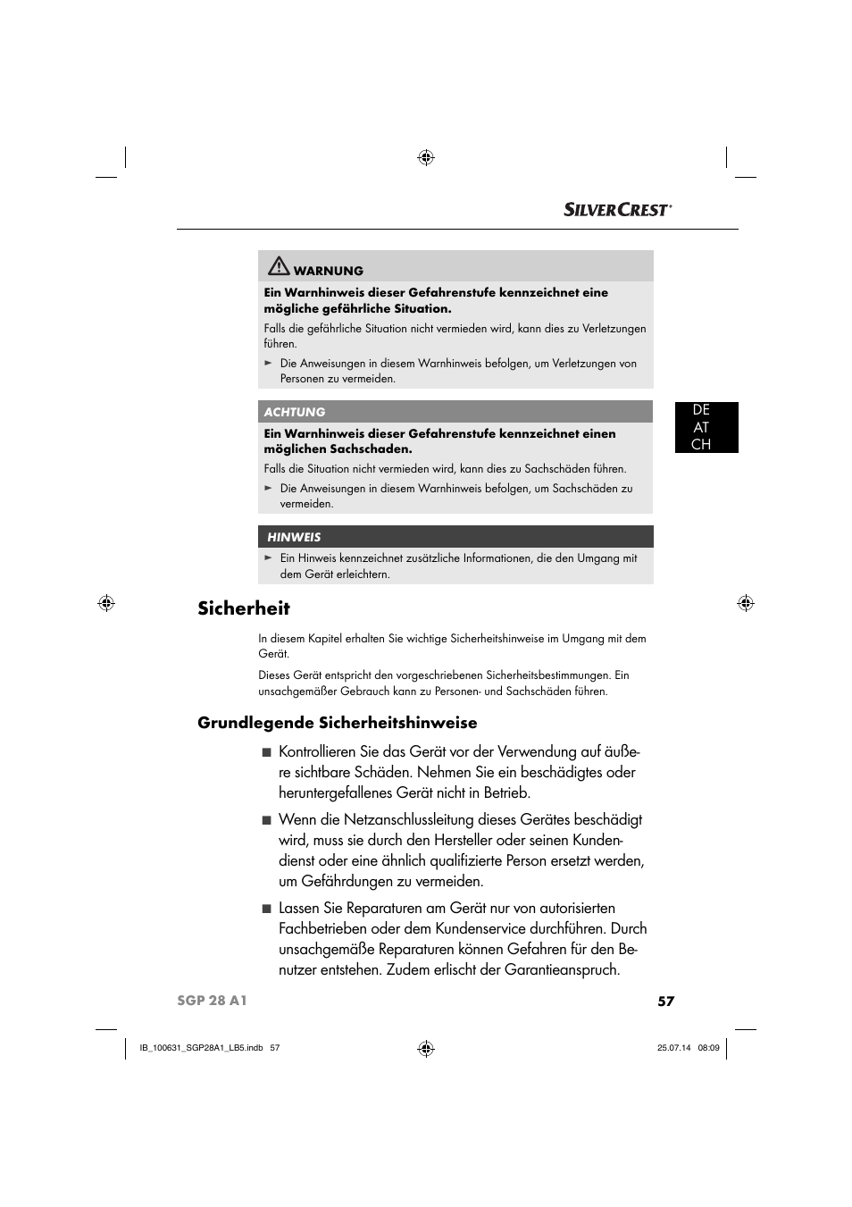 Sicherheit, Grundlegende sicherheitshinweise, De at ch | Silvercrest SGP 28 A1 User Manual | Page 60 / 76