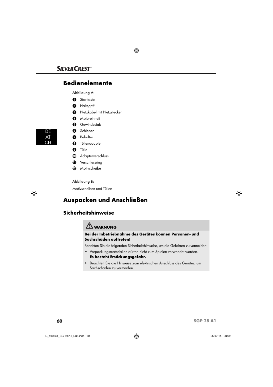 Bedienelemente, Auspacken und anschließen, Sicherheitshinweise | De at ch | Silvercrest SGP 28 A1 User Manual | Page 63 / 76