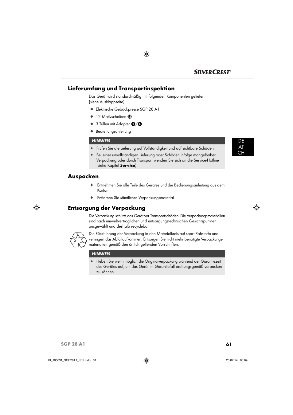 Lieferumfang und transportinspektion, Auspacken, Entsorgung der verpackung | De at ch | Silvercrest SGP 28 A1 User Manual | Page 64 / 76