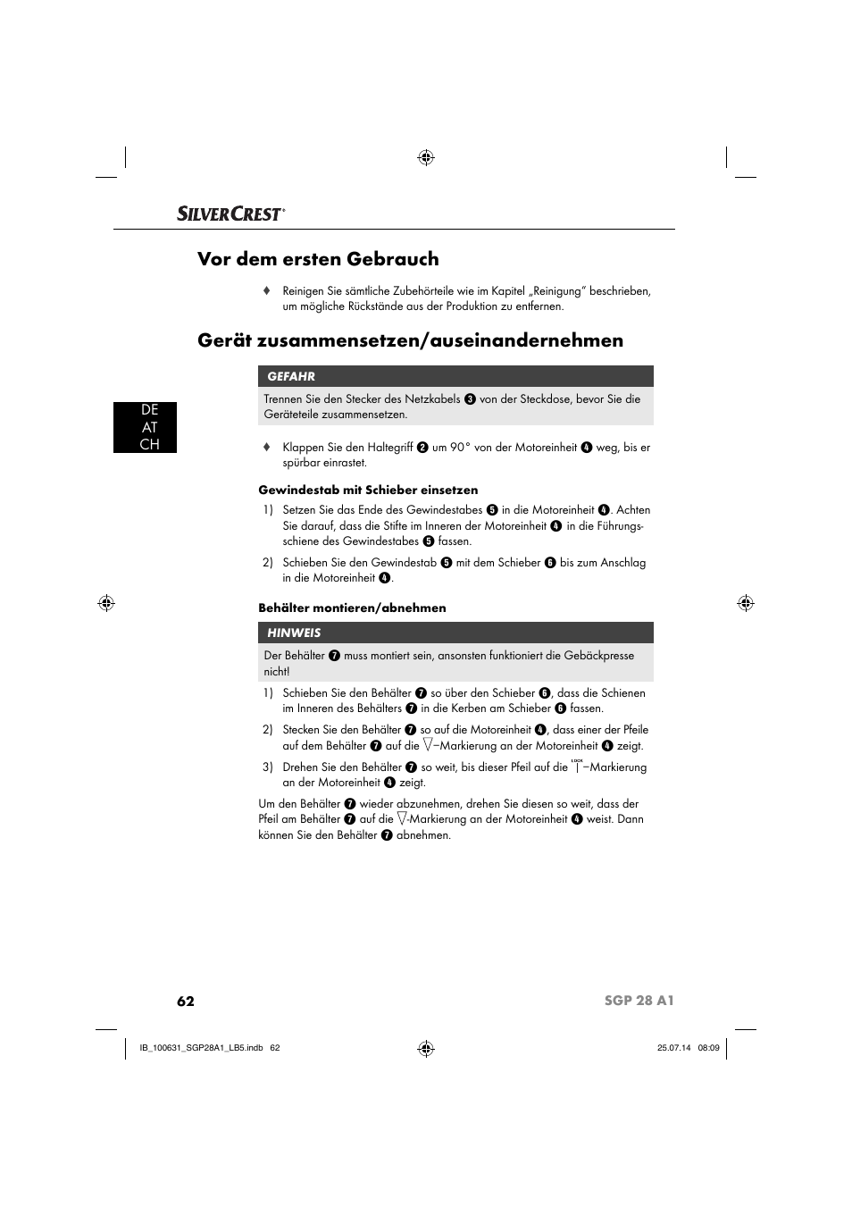 Vor dem ersten gebrauch, Gerät zusammensetzen/auseinandernehmen, De at ch | Silvercrest SGP 28 A1 User Manual | Page 65 / 76