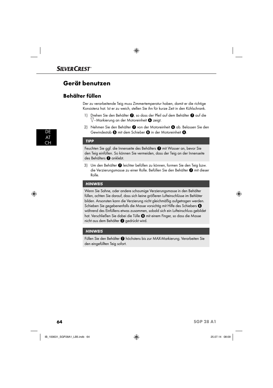 Gerät benutzen, Behälter füllen, De at ch | Silvercrest SGP 28 A1 User Manual | Page 67 / 76