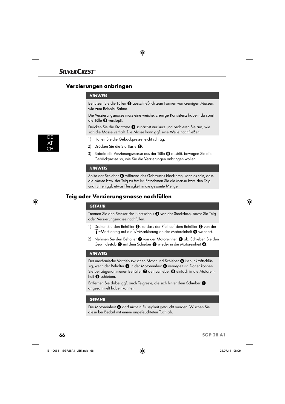 Verzierungen anbringen, Teig oder verzierungsmasse nachfüllen, De at ch | Silvercrest SGP 28 A1 User Manual | Page 69 / 76