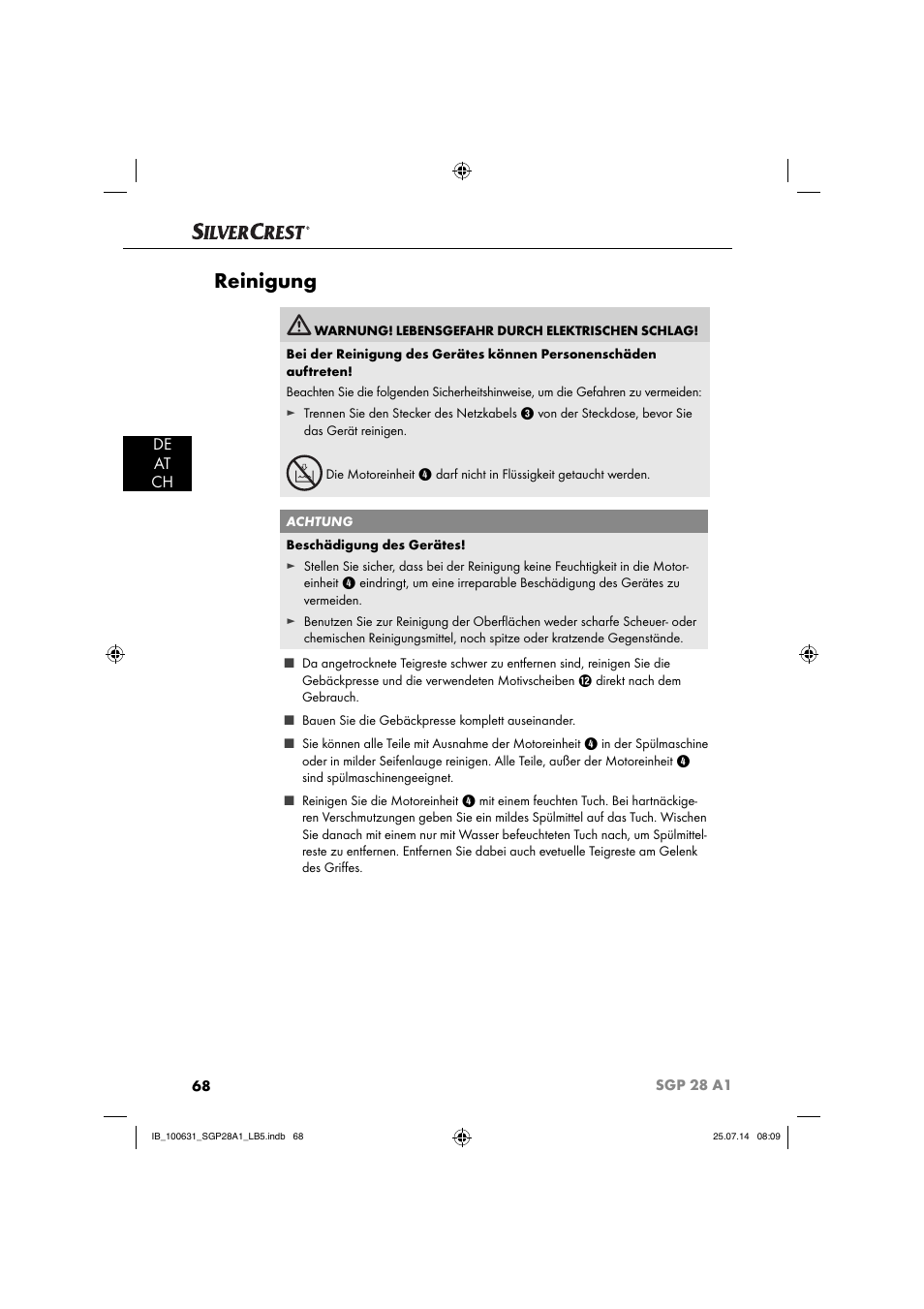 Reinigung, De at ch | Silvercrest SGP 28 A1 User Manual | Page 71 / 76