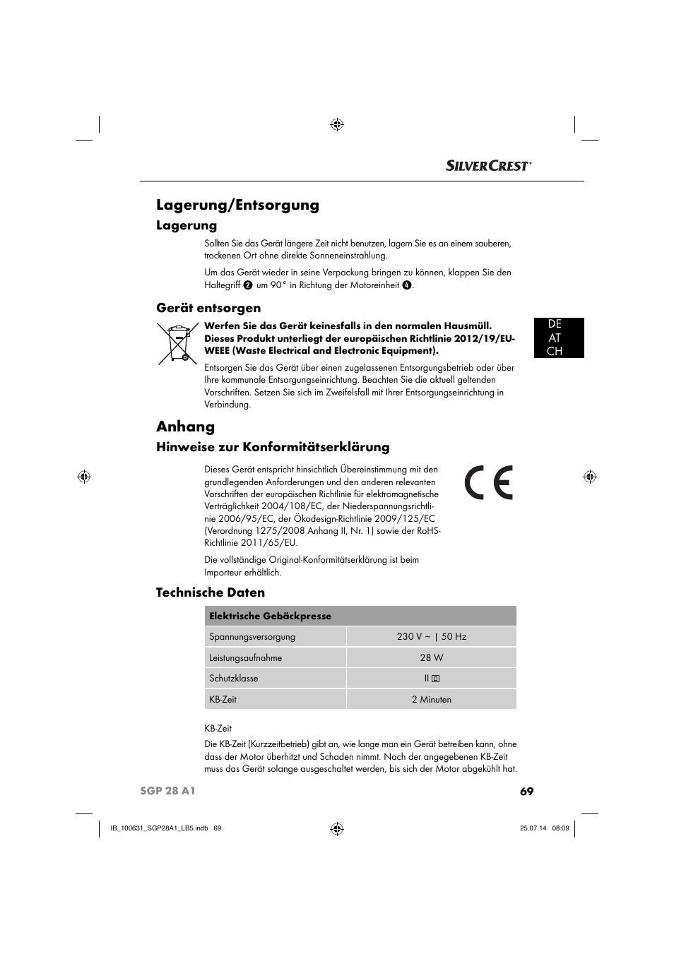 Lagerung/entsorgung, Anhang, Lagerung | Gerät entsorgen, Hinweise zur konformitätserklärung, Technische daten, De at ch | Silvercrest SGP 28 A1 User Manual | Page 72 / 76