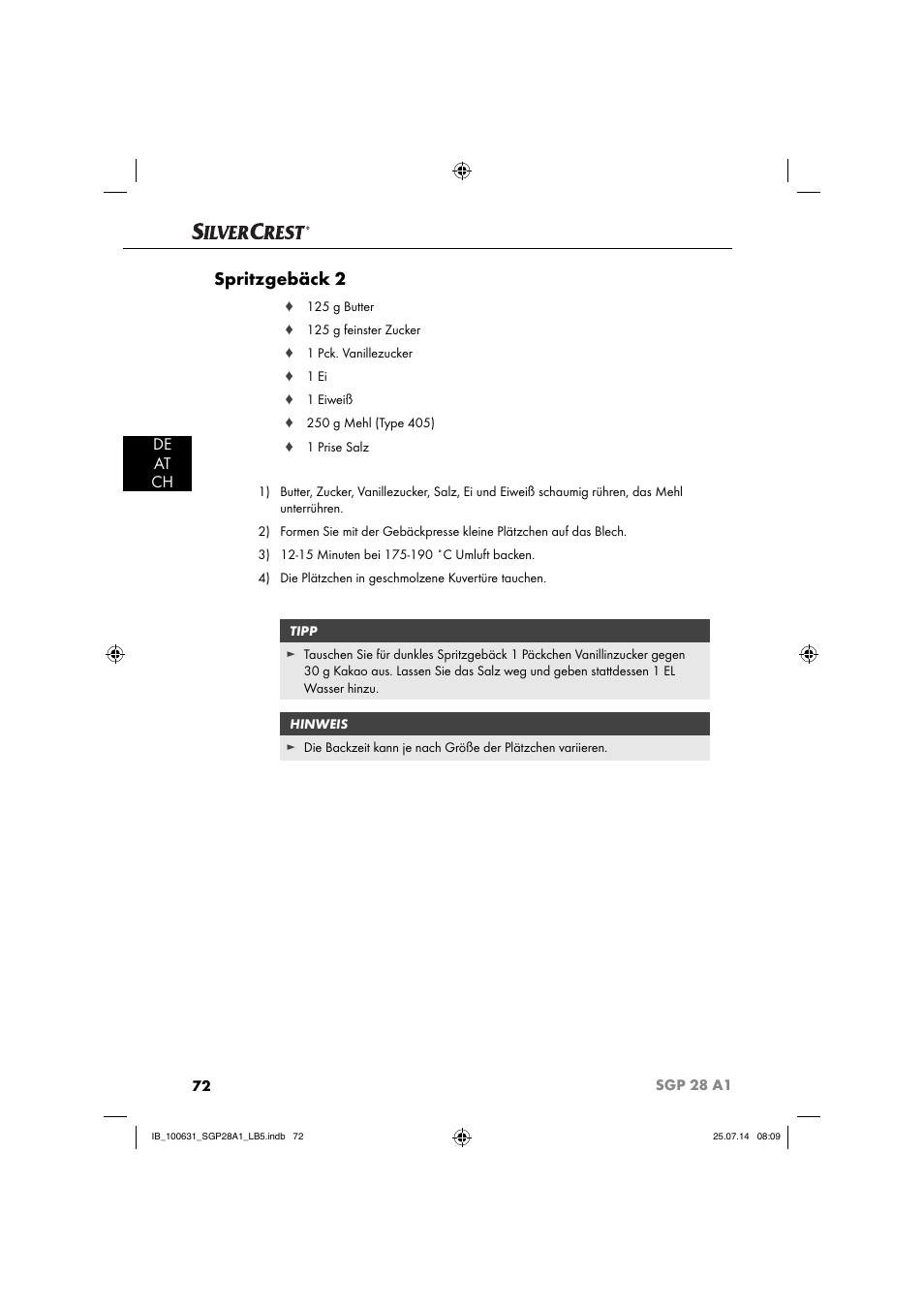 Spritzgebäck 2, De at ch | Silvercrest SGP 28 A1 User Manual | Page 75 / 76