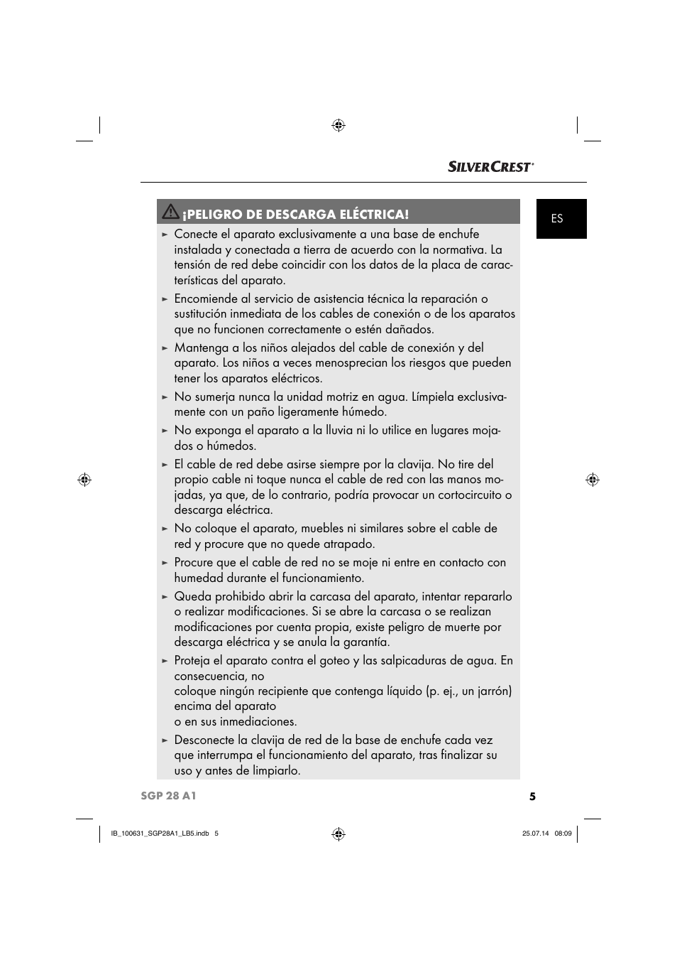 Peligro de descarga eléctrica | Silvercrest SGP 28 A1 User Manual | Page 8 / 76