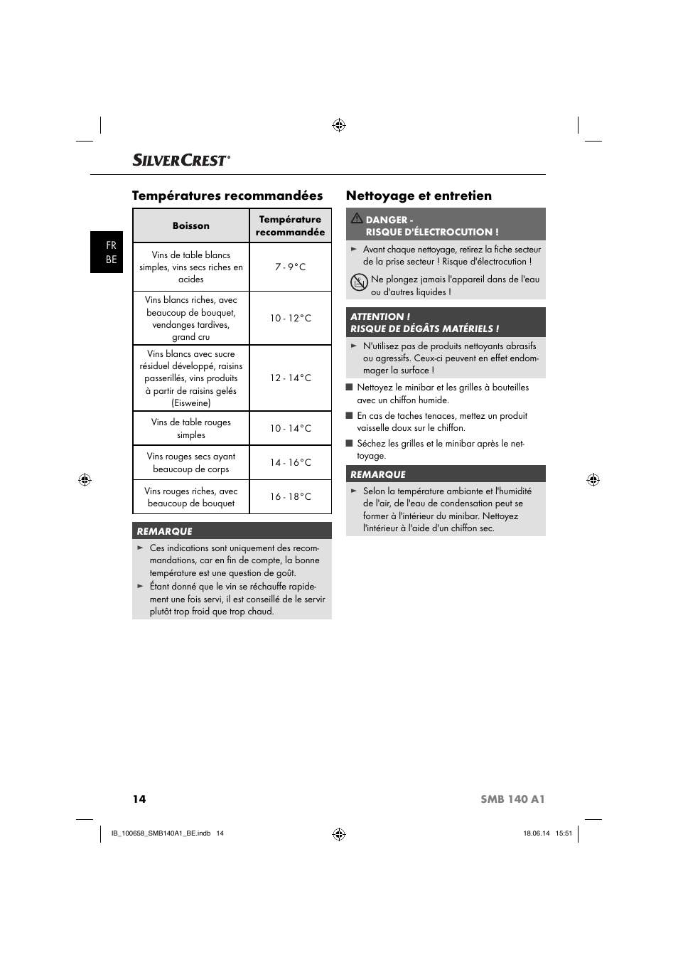 Températures recommandées, Nettoyage et entretien | Silvercrest SMB 140 A1 User Manual | Page 17 / 36