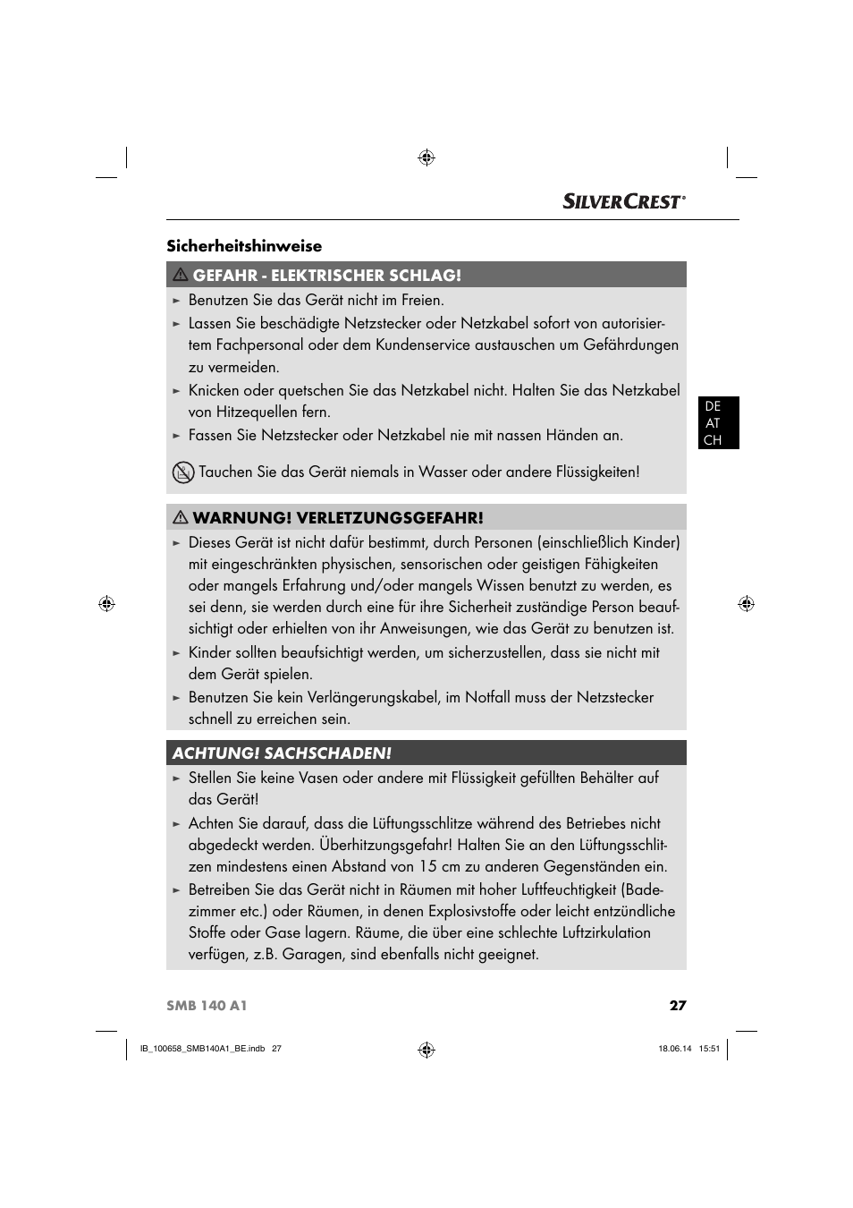 Sicherheitshinweise gefahr - elektrischer schlag, Benutzen sie das gerät nicht im freien | Silvercrest SMB 140 A1 User Manual | Page 30 / 36