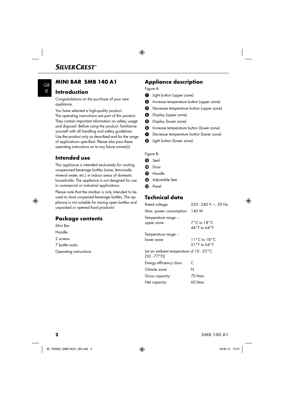 Mini bar smb 140 a1 introduction, Intended use, Package contents | Appliance description, Technical data | Silvercrest SMB 140 A1 User Manual | Page 5 / 36