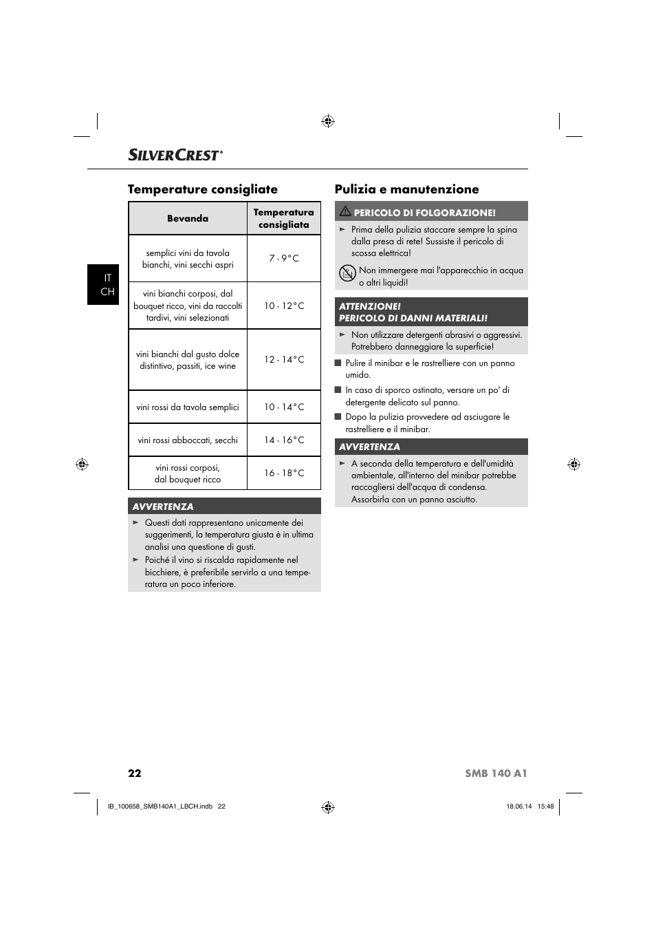 Temperature consigliate, Pulizia e manutenzione | Silvercrest SMB 140 A1 User Manual | Page 25 / 36