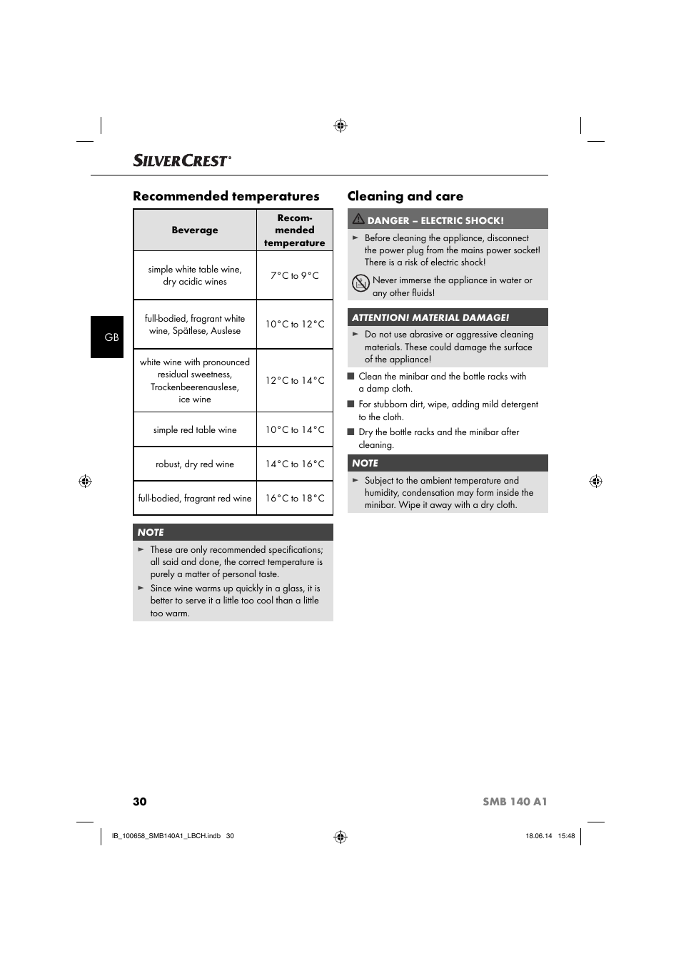 Recommended temperatures, Cleaning and care | Silvercrest SMB 140 A1 User Manual | Page 33 / 36