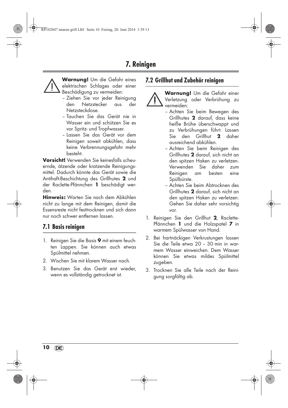 Reinigen, 1 basis reinigen, 2 grillhut und zubehör reinigen | Silvercrest STG 1200 A1 User Manual | Page 12 / 50