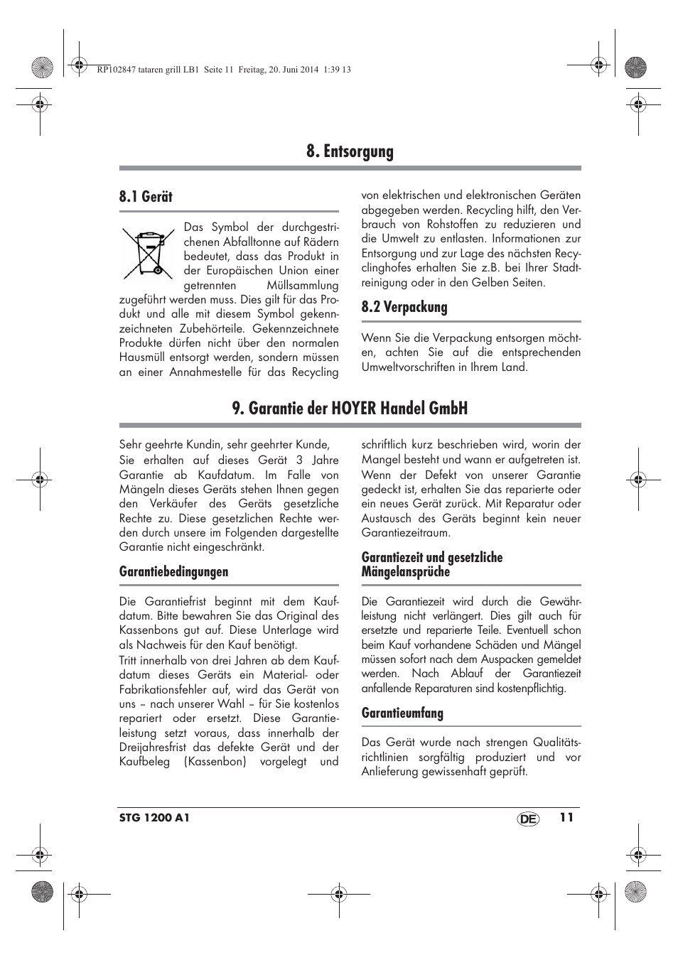 Entsorgung, Garantie der hoyer handel gmbh | Silvercrest STG 1200 A1 User Manual | Page 13 / 50