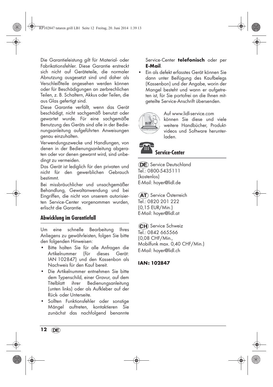 Abwicklung im garantiefall, Service-center | Silvercrest STG 1200 A1 User Manual | Page 14 / 50