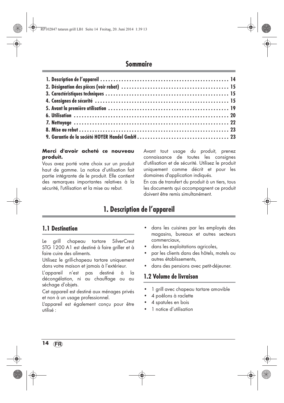 Sommaire, Description de l’appareil | Silvercrest STG 1200 A1 User Manual | Page 16 / 50