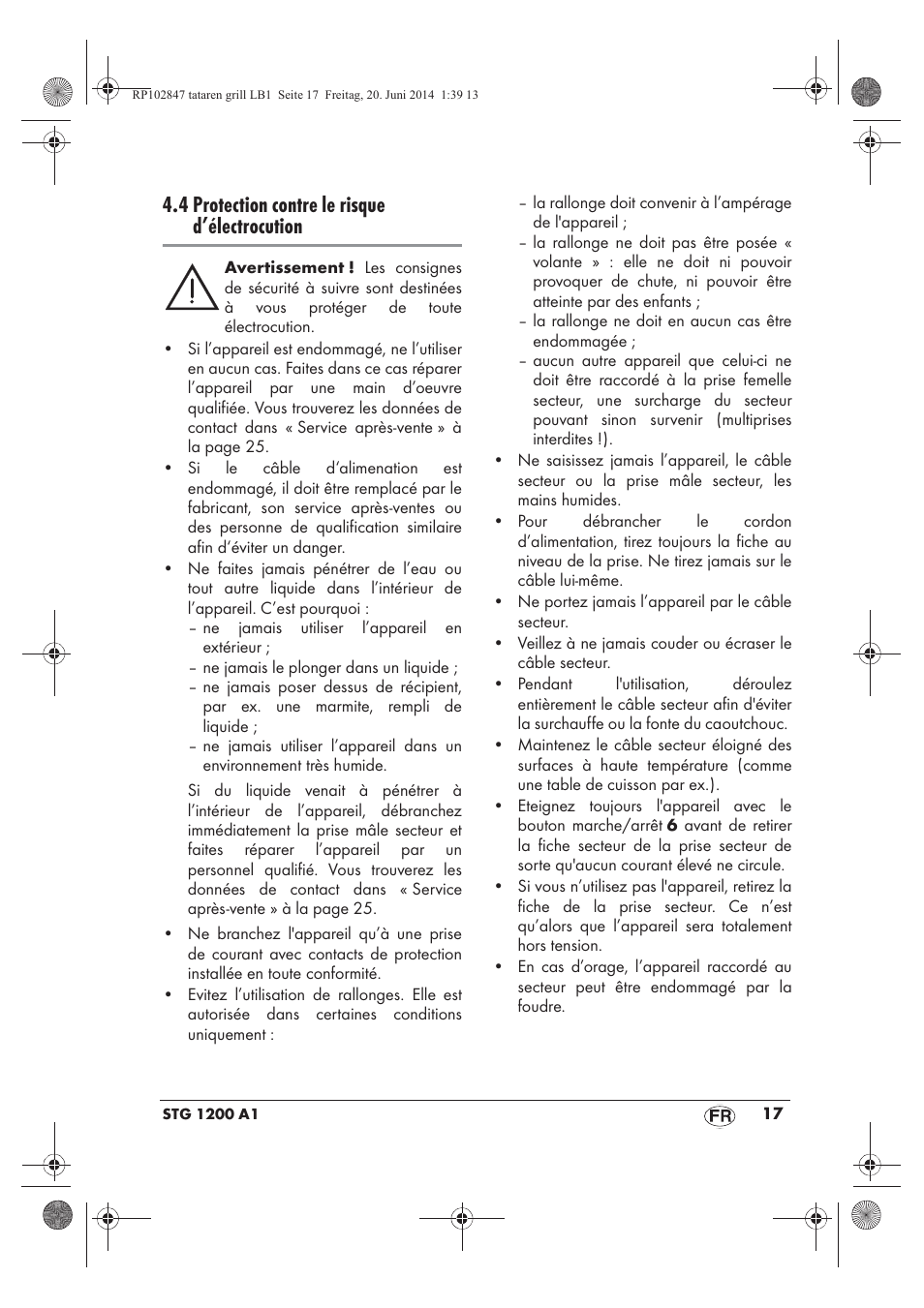 4 protection contre le risque d’électrocution | Silvercrest STG 1200 A1 User Manual | Page 19 / 50