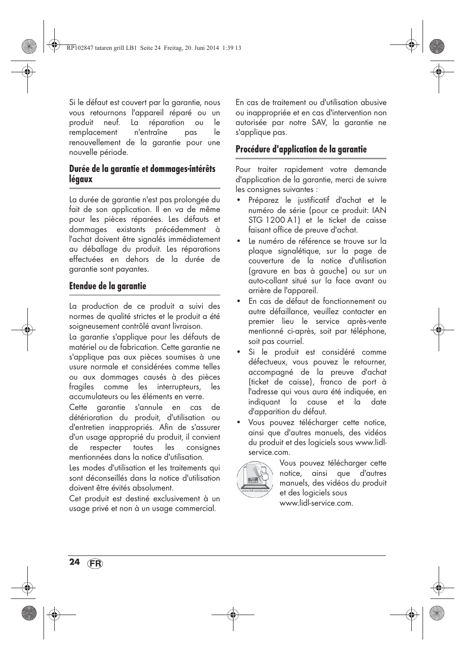 Durée de la garantie et dommages-intérêts légaux, Etendue de la garantie, Procédure d'application de la garantie | Silvercrest STG 1200 A1 User Manual | Page 26 / 50