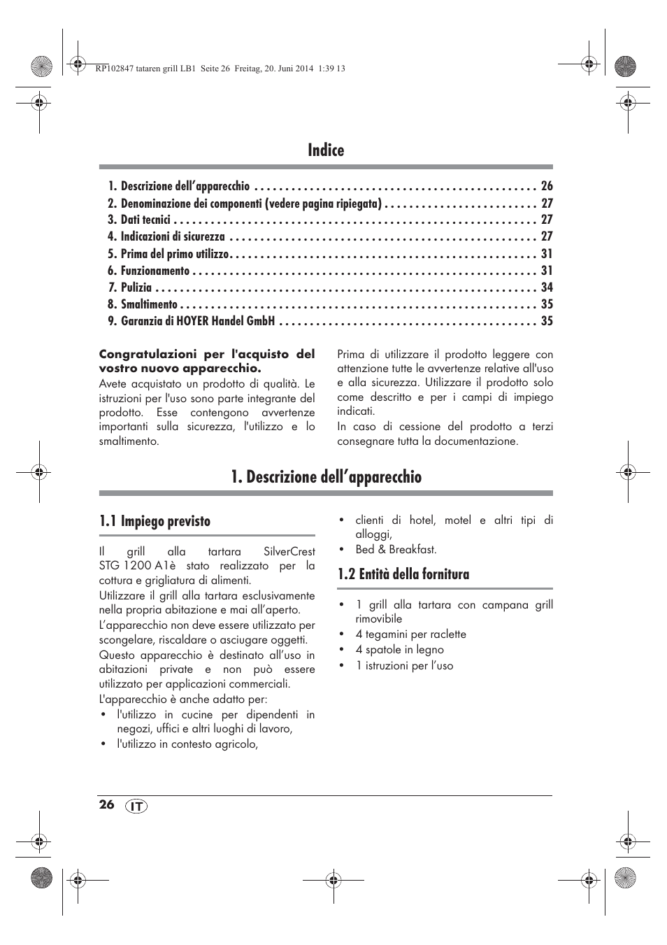 Indice, Descrizione dell’apparecchio, 1 impiego previsto | 2 entità della fornitura | Silvercrest STG 1200 A1 User Manual | Page 28 / 50